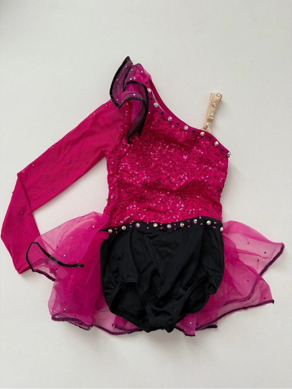 Girls Hot Pink and Black One-Shoulder Sequin Dance Costume